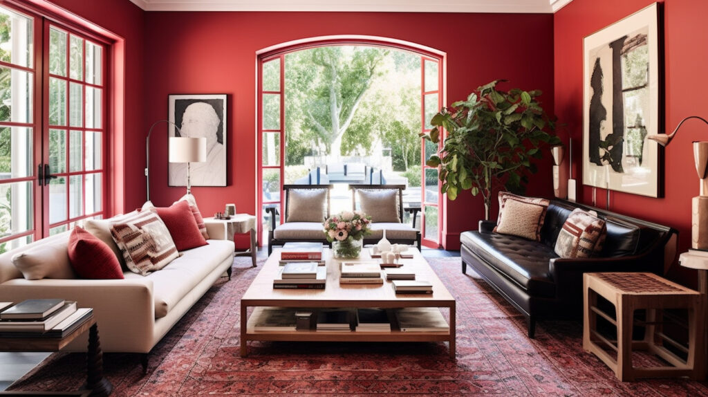 Phòng khách đỏ với một chiếc thảm nổi bật