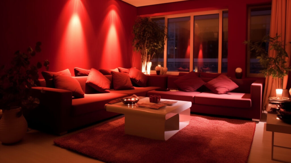 Phòng khách màu đỏ với ánh sáng môi trường từ đèn