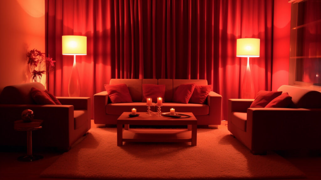 Phòng khách màu đỏ với ánh sáng môi trường từ đèn