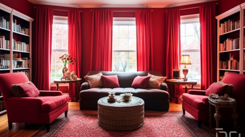 Phòng khách đỏ với rèm cửa thanh lịch