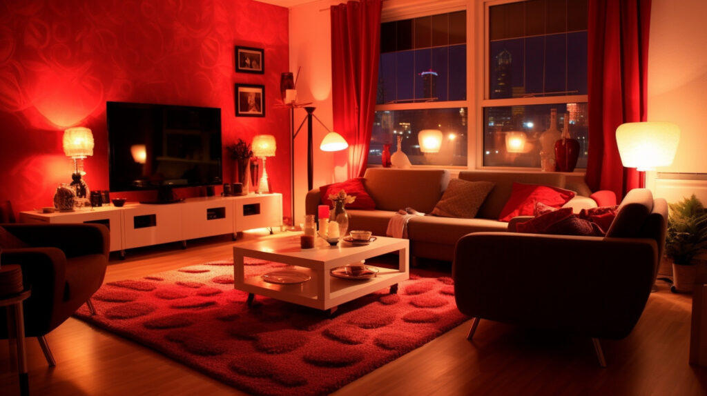Phòng khách đỏ với ánh sáng nhân tạo ấm áp