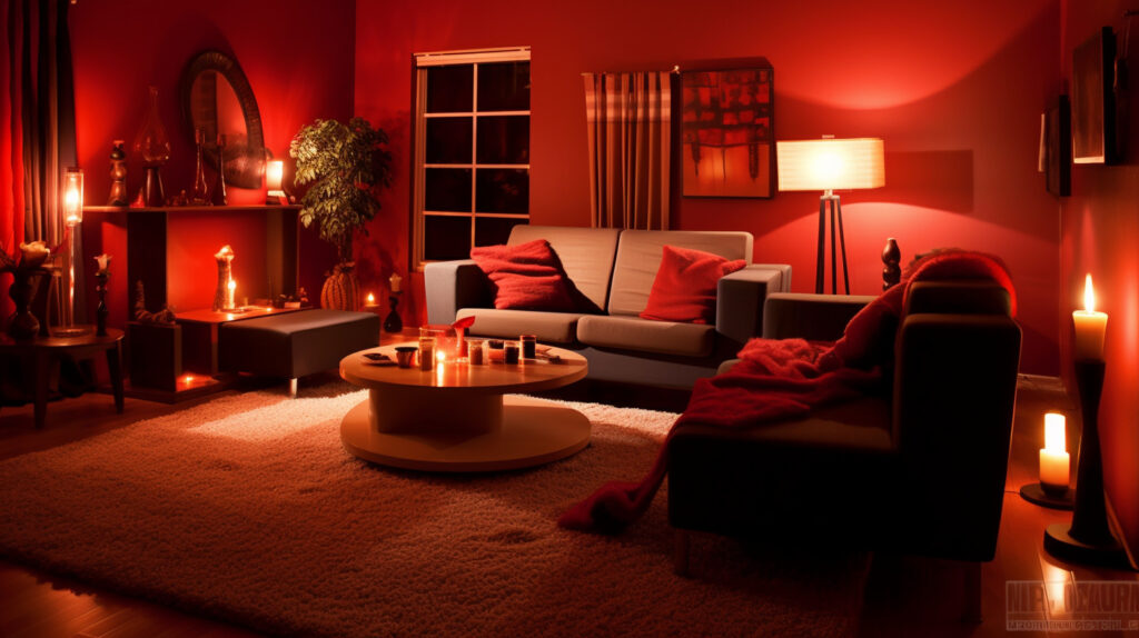 Phòng khách đỏ với ánh sáng nhân tạo ấm áp