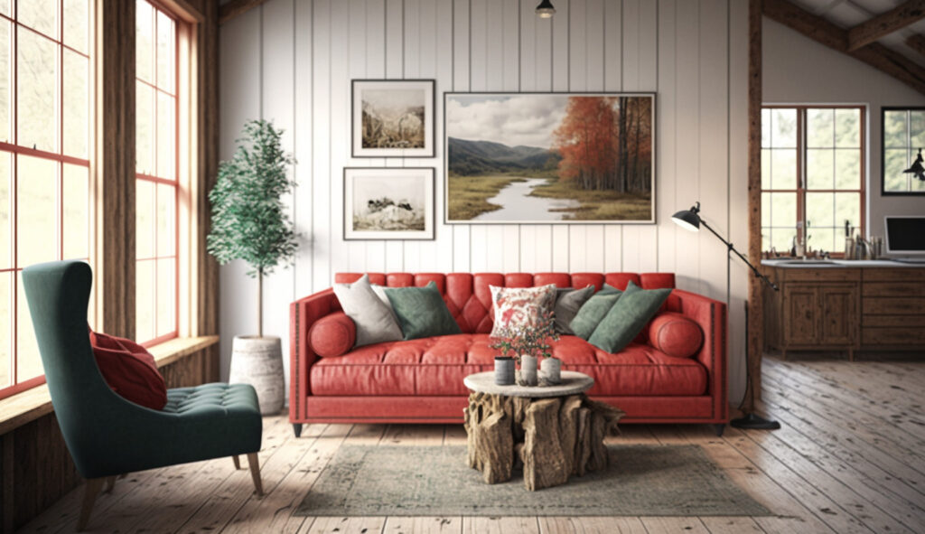 Rustic elegant living room with a red couch adding a pop of color 