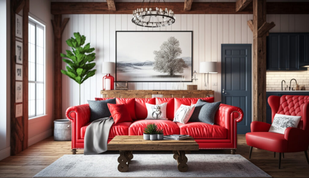Salotto rustico ed elegante con un divano rosso che aggiunge un tocco di colore