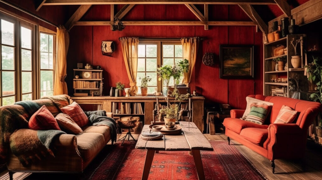 Phòng khách đỏ mang phong cách nông thôn với đồ nội thất cổ điển và yếu tố gỗ