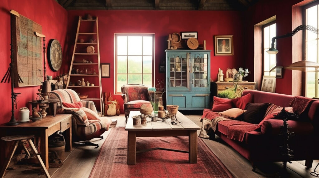 Phòng khách đỏ mang phong cách nông thôn với đồ nội thất cổ điển và yếu tố gỗ