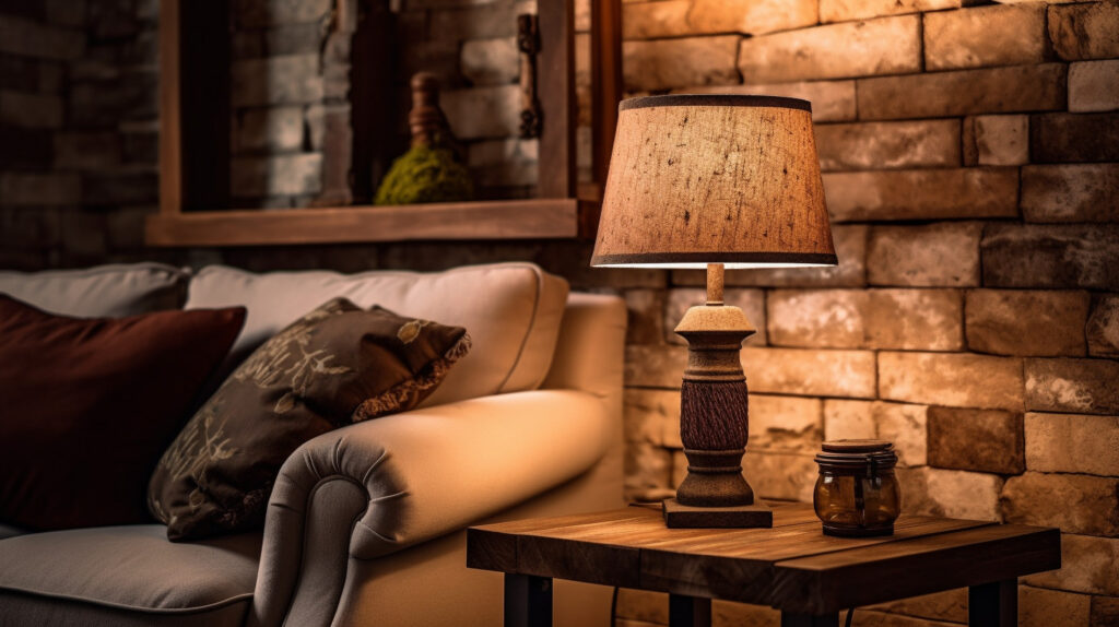Lampada da tavolo rustica che aggiunge un fascino classico all'arredamento del soggiorno