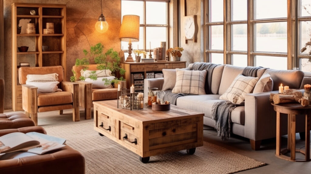 Selection of elegant rustic end tables in cozy, country-style living rooms