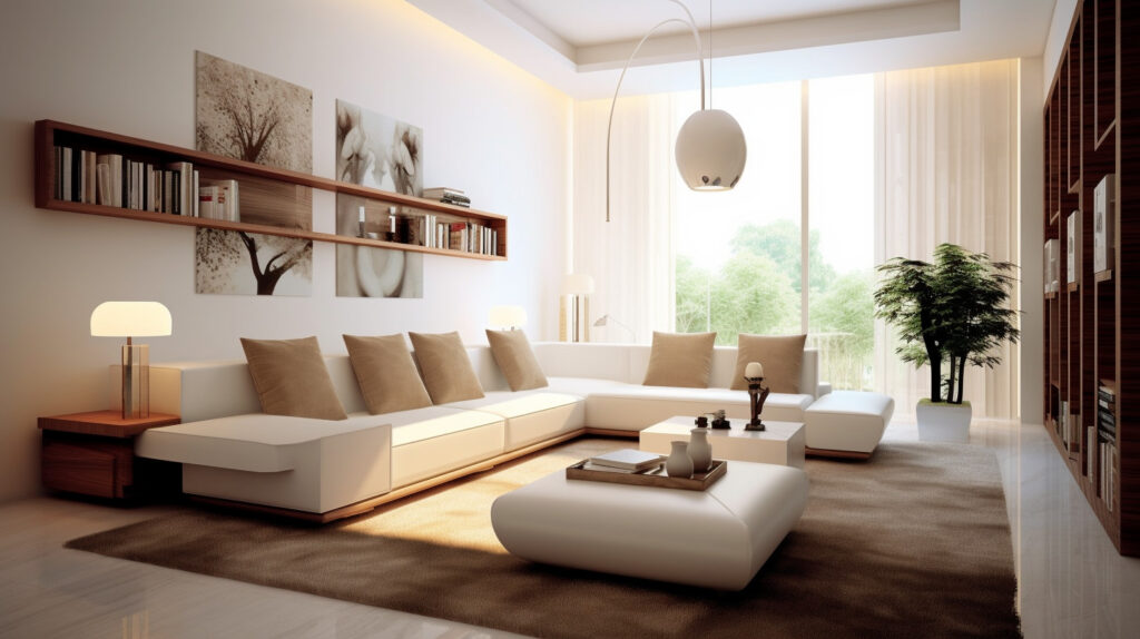 Serene living room with a white couch promoting feelings of peace and calm -
