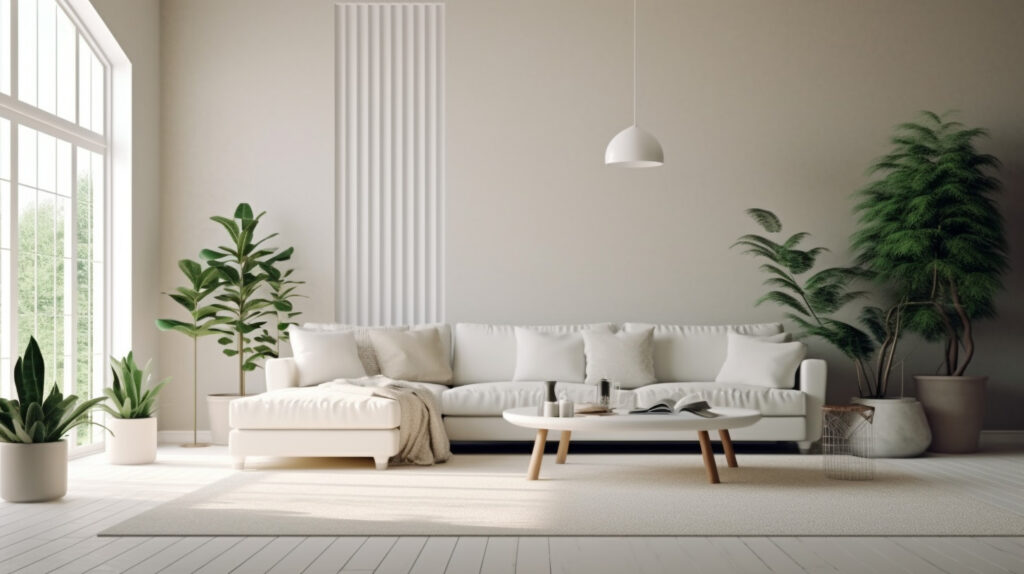 Salotto sereno con un divano bianco che favorisce sentimenti di pace e calma -