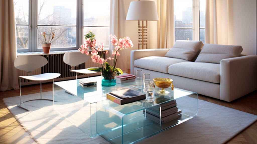 Series of elegant glass end tables in sleek, minimalist living rooms