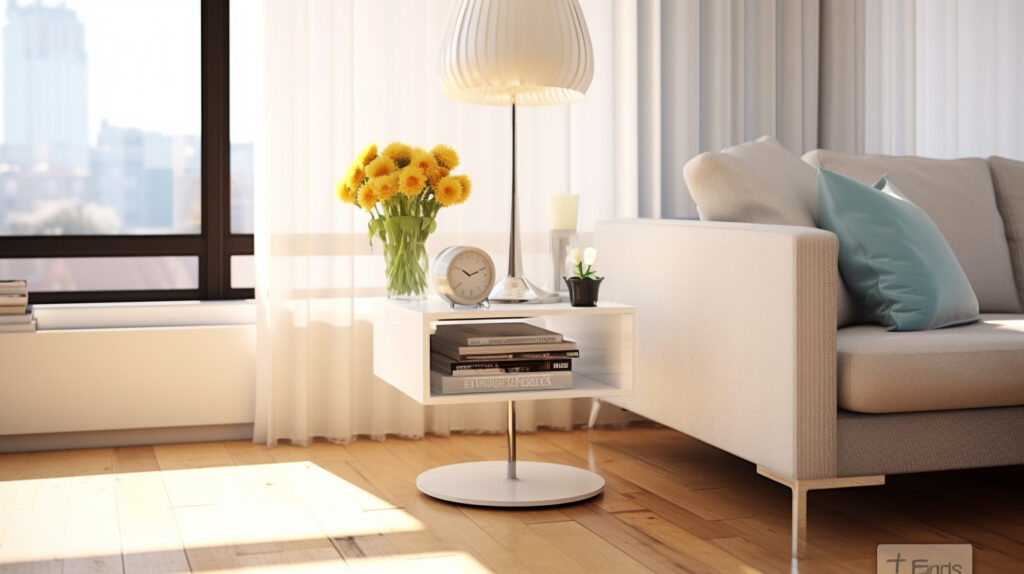 Series of elegant glass end tables in sleek, minimalist living rooms
