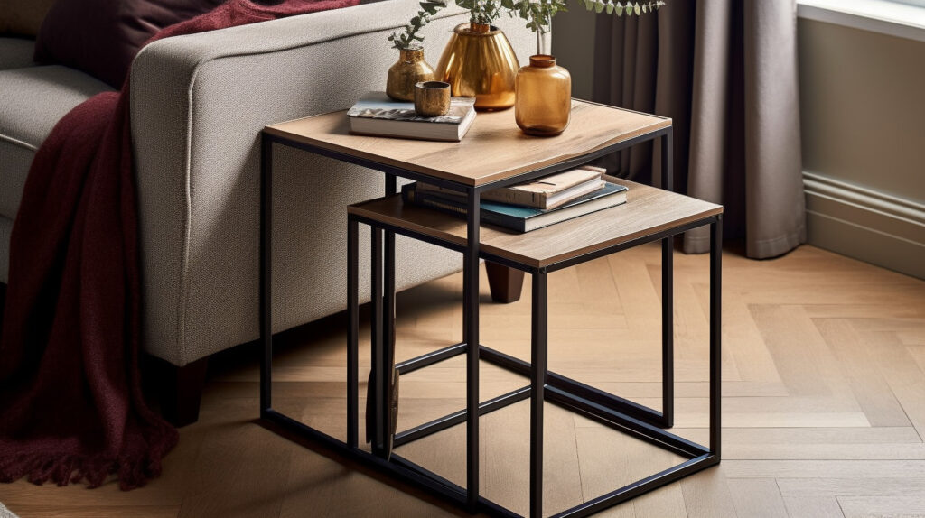Set di eleganti tavolini componibili in soggiorni compatti che ottimizzano lo spazio