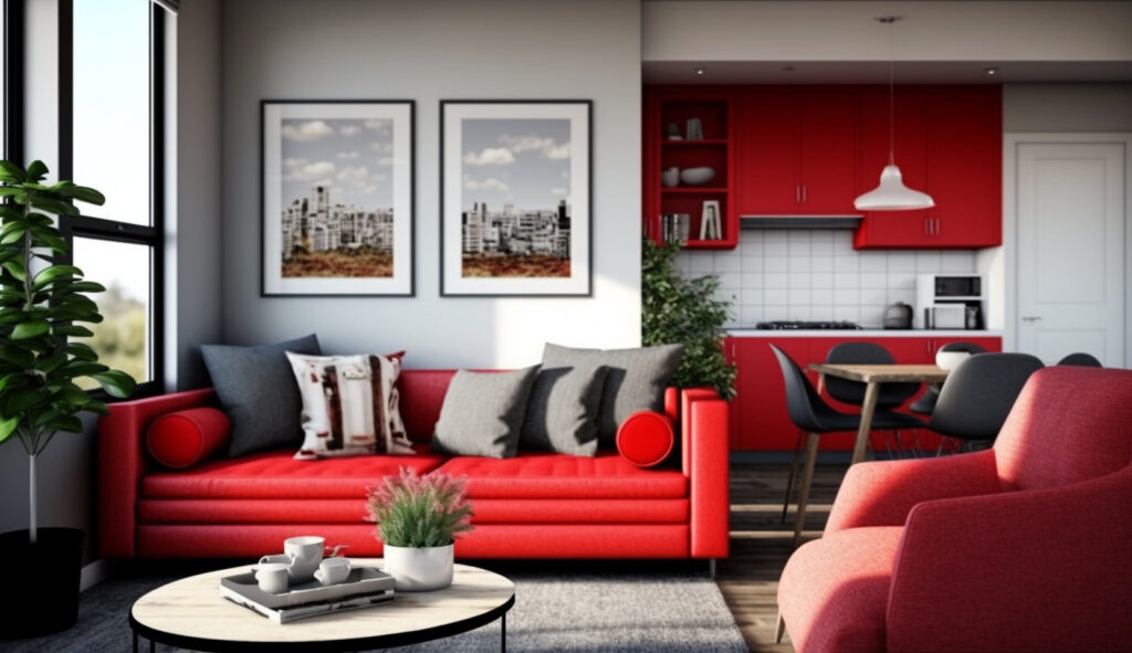 Divano rosso elegante in un salotto moderno con decorazioni contemporanee 