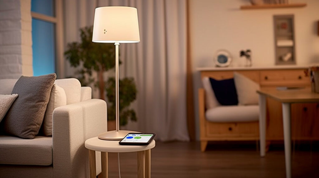Lampada da terra smart controllata tramite smartphone in un soggiorno, mostrando la comodità e la personalizzazione delle lampade da terra smart per le impostazioni del soggiorno