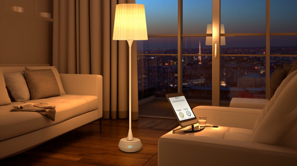 Smart floor lamp being controlled via smartphone in a living room, showcasing the convenience and customizability of smart floor lamps for living room settings