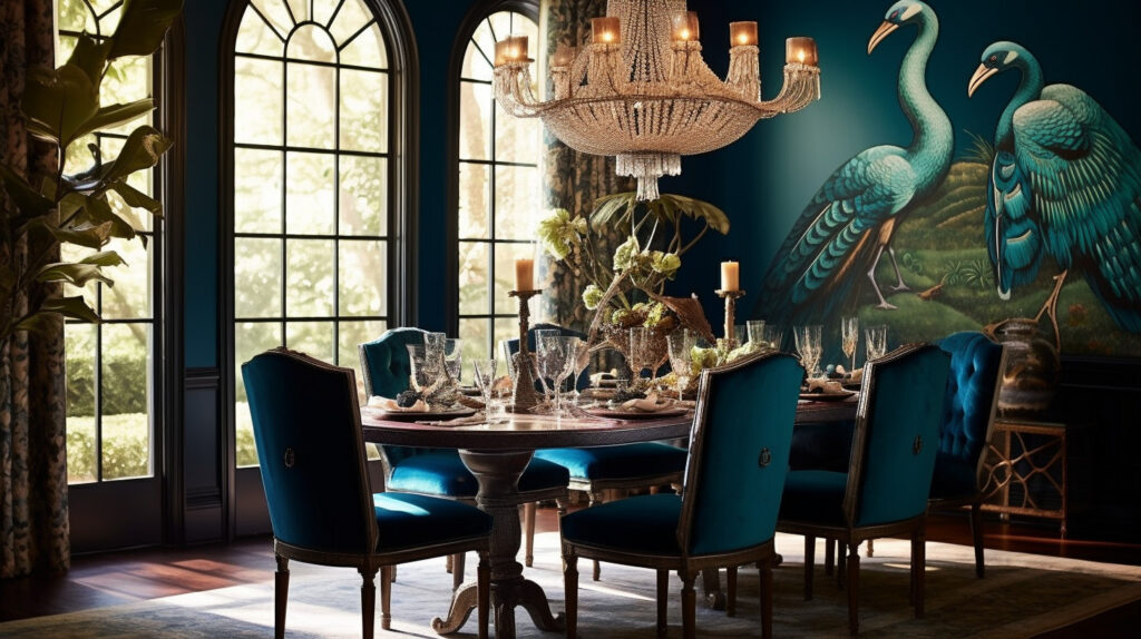 Sophisticated dining room featuring peacock decor