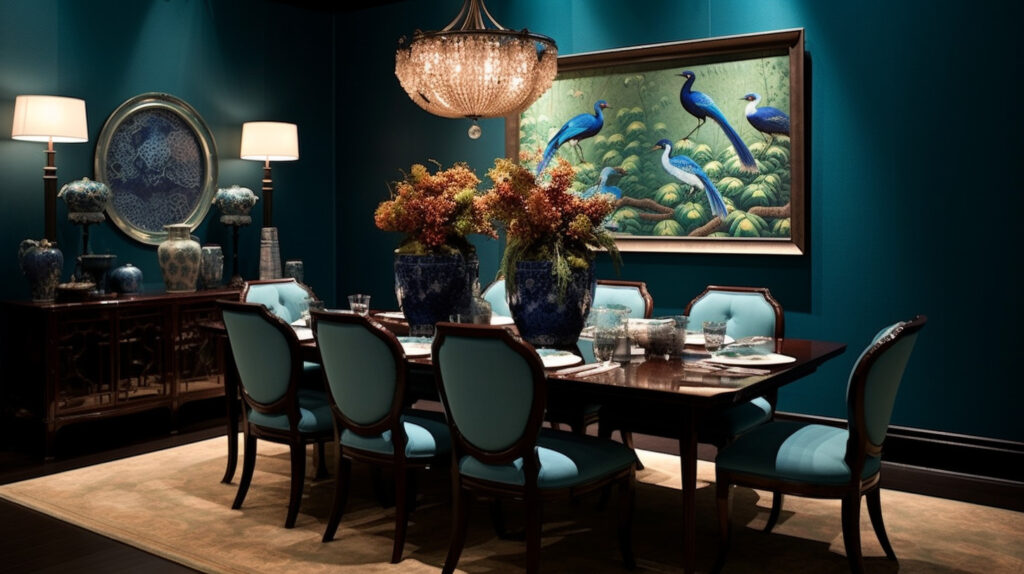 Sophisticated dining room featuring peacock decor