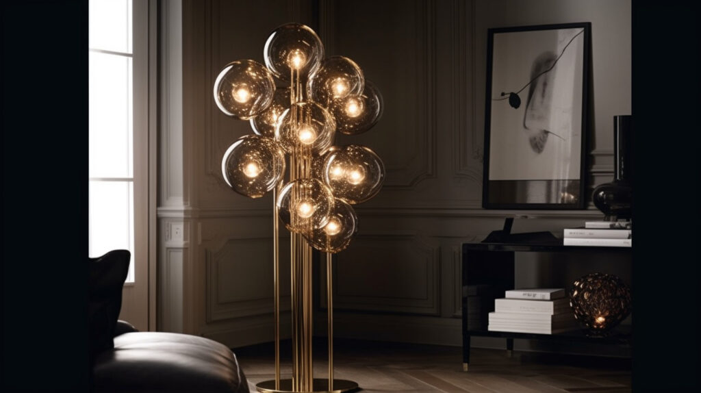 Lampada moderna strategicamente posizionata che migliora l'illuminazione e l'estetica di un soggiorno