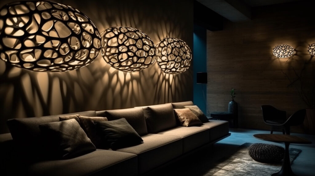 Stylish wall lamps casting soft light on a modern living room wall