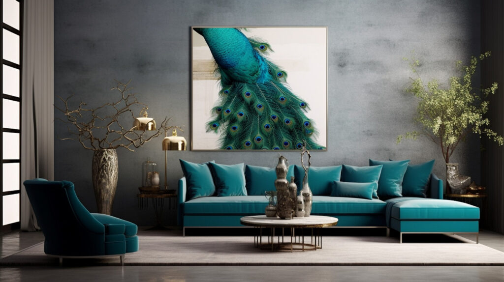Subtle peacock decor in a sleek, modern home setting