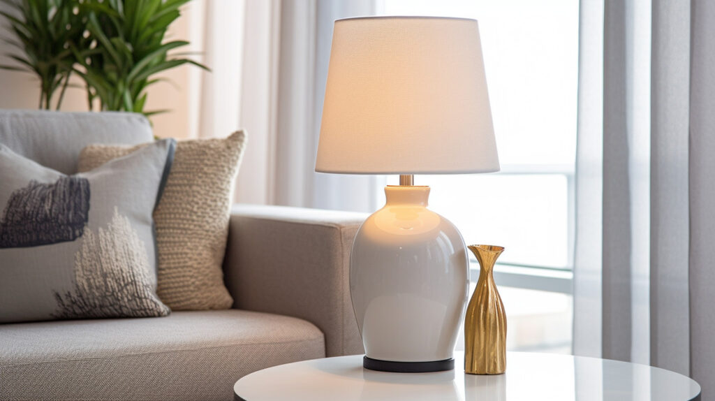 Table lamp on a living room shelf adding depth to the room’s lighting