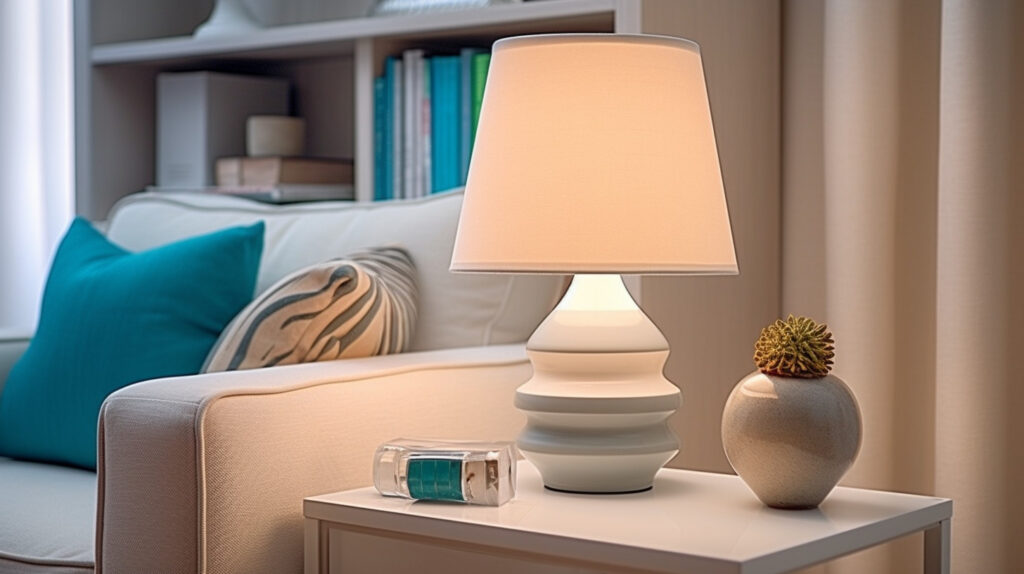 Lampada da tavolo su una mensola del soggiorno che aggiunge profondità all'illuminazione della stanza
