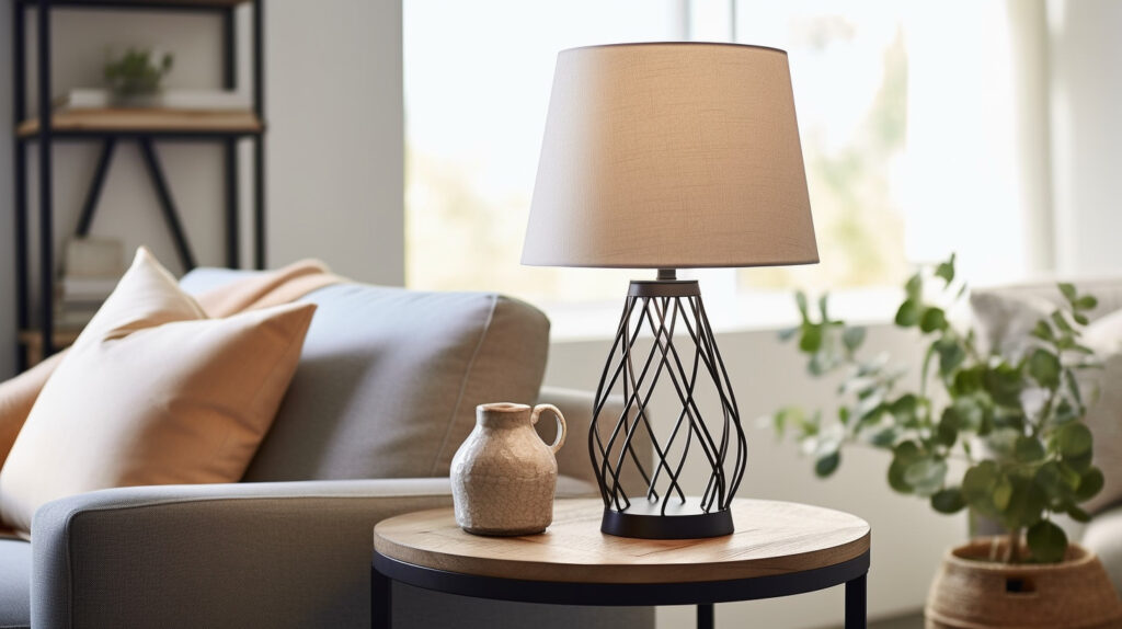 Table lamp on a side table adding warmth and charm to a living room setting