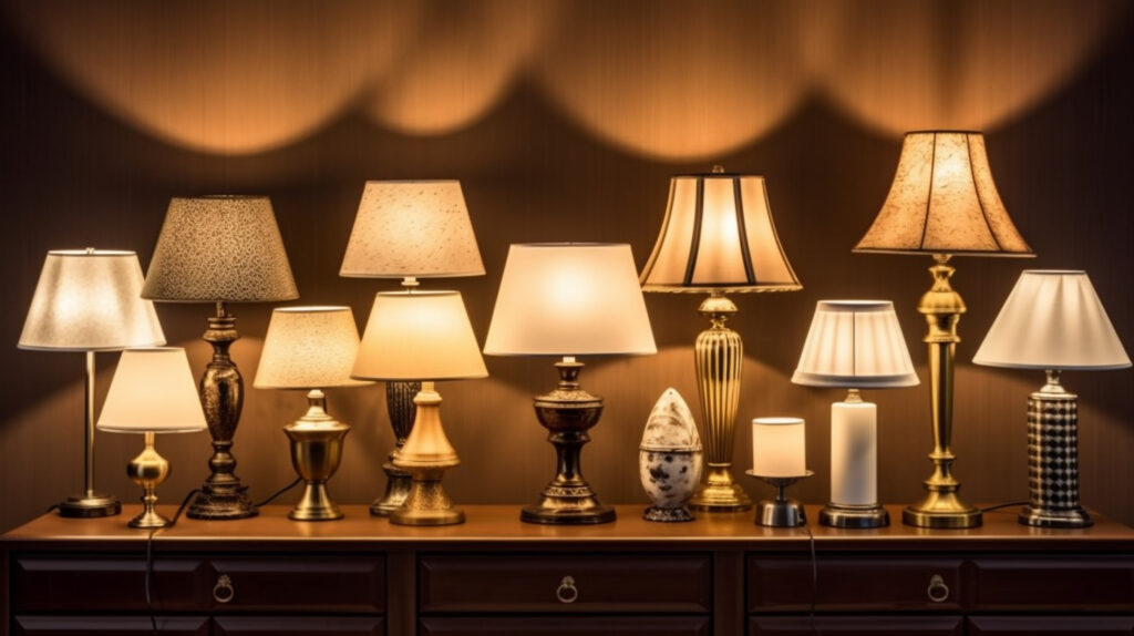 Các loại đèn bàn có kích thước khác nhau trong các bố trí phòng khách khác nhau, nhấn mạnh tầm quan trọng của việc chọn đúng kích thước đèn