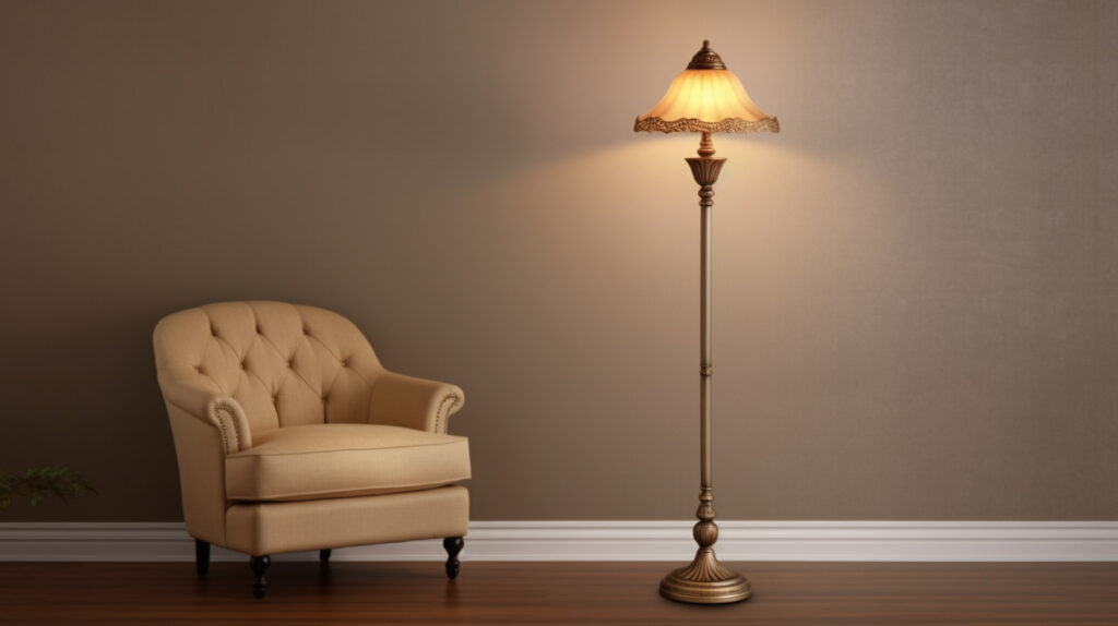 Traditional and classic floor reading lamp with ornate details and vintage allure