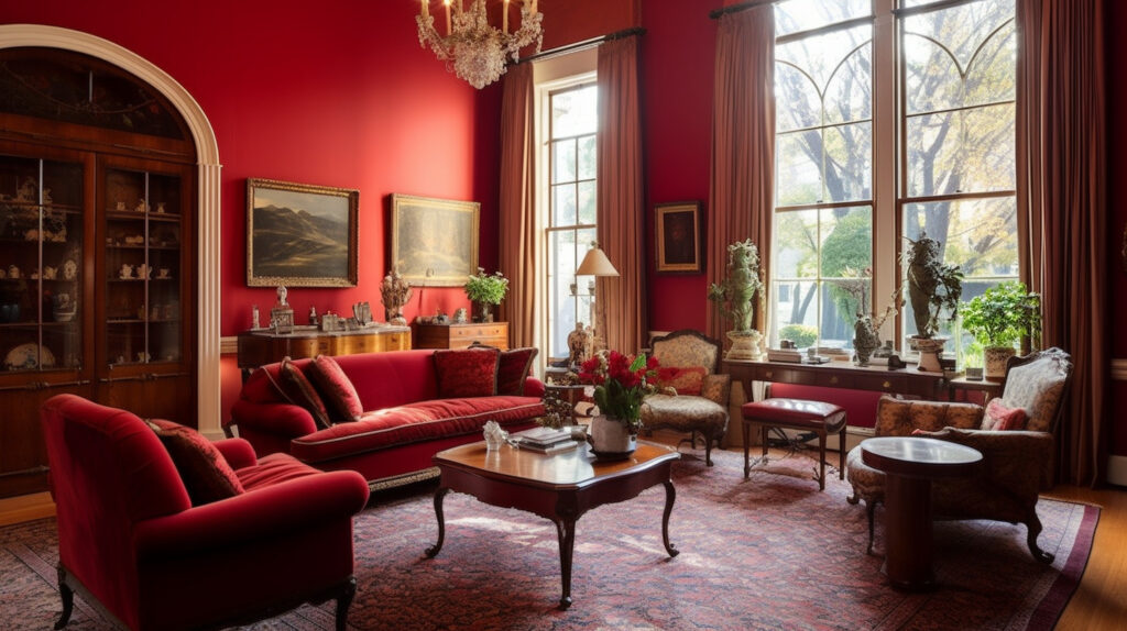 Phòng khách đỏ truyền thống với đồ nội thất cổ điển
