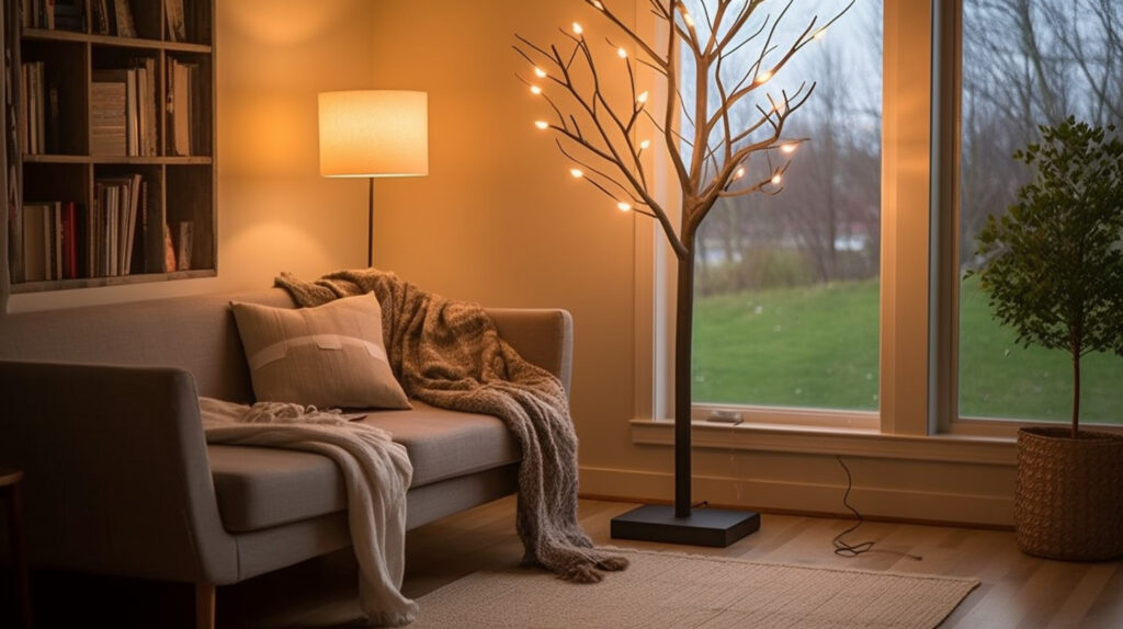Lampada ad albero con luci ramificate che illuminano un soggiorno, dimostrando la funzionalità e lo stile delle lampade ad albero