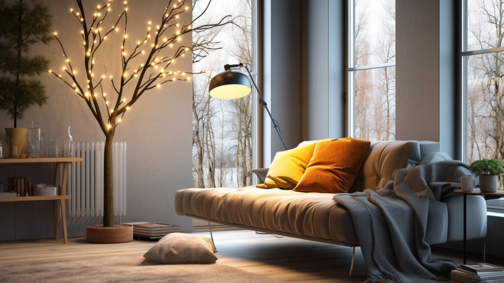 Lampada ad albero con luci ramificate che illuminano un soggiorno, dimostrando la funzionalità e lo stile delle lampade ad albero