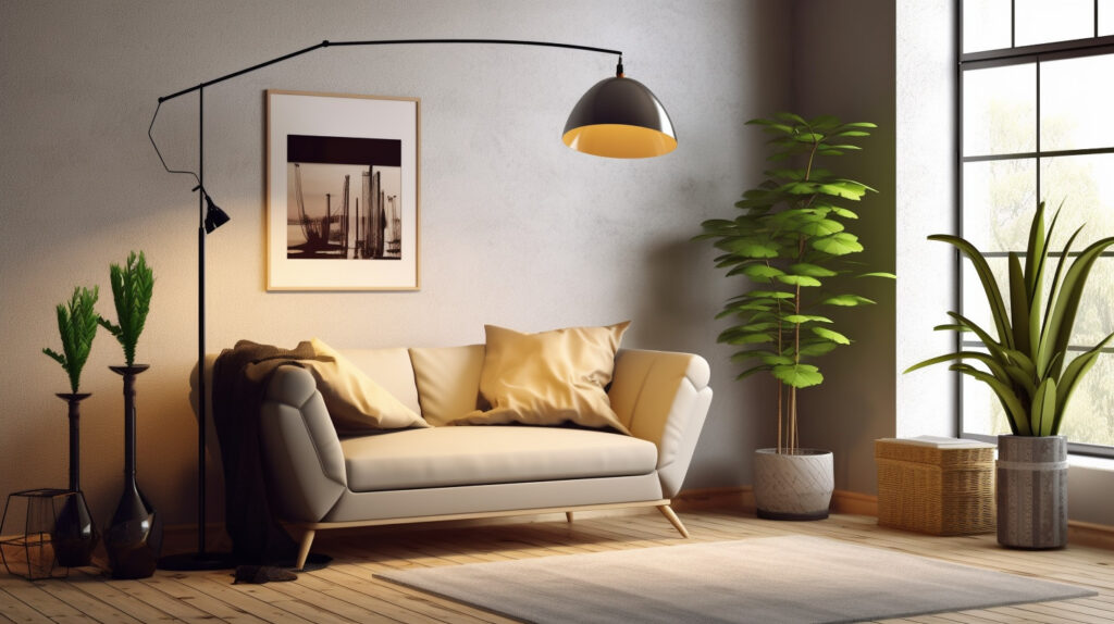 Due eleganti lampade da terra che incorniciano un divano accogliente, esemplificando come utilizzare le lampade da terra per incorniciare uno spazio nel soggiorno