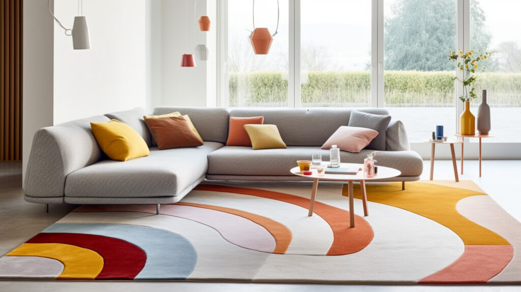 Uniquely shaped living room rug adding a touch of whimsy to the room