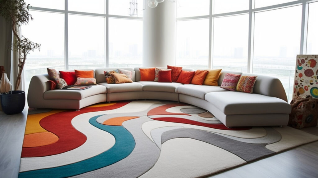 Uniquely shaped living room rug adding a touch of whimsy to the room