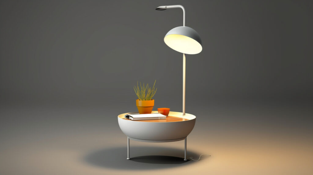 Versatile lampada da lettura a pavimento con vassoio che unisce illuminazione e praticità