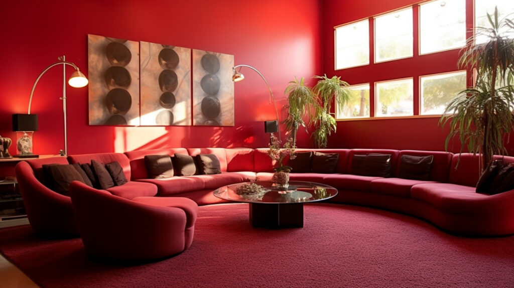 Phòng khách đỏ hiện đại sôi nổi với tường đỏ đậm