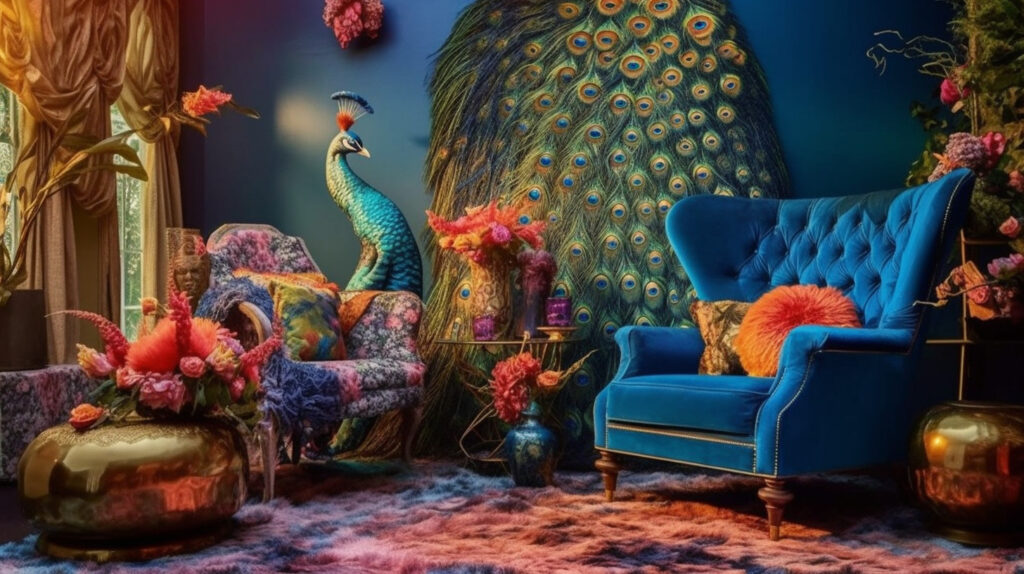 Vibrant peacock decor adding a colorful touch to a Bohemian home