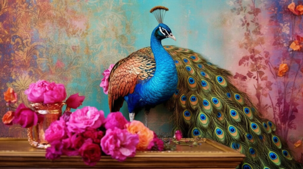 Vibrant peacock decor adding a colorful touch to a Bohemian home