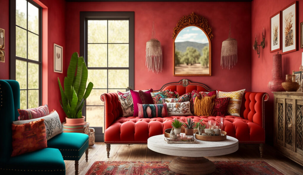 Divano rosso vibrante in un salotto bohemian con decorazioni eclettiche