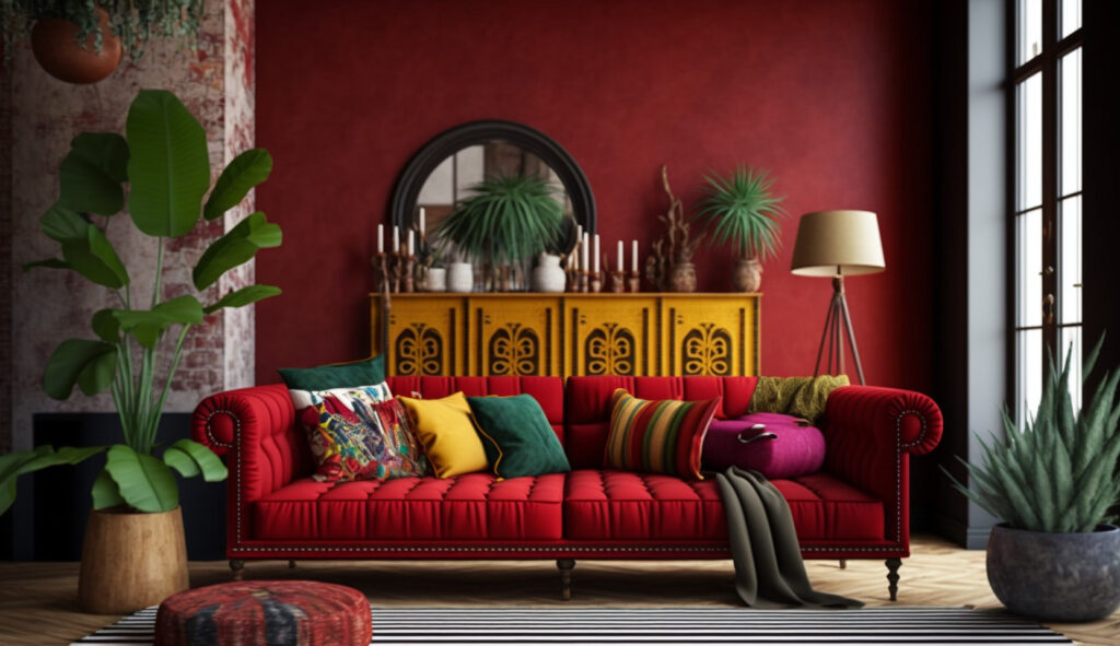 Vibrant red couch in a bohemian living room with eclectic decor