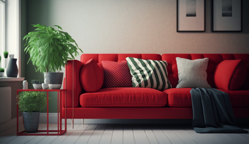 Well-maintained red couch in a clean and tidy living room 