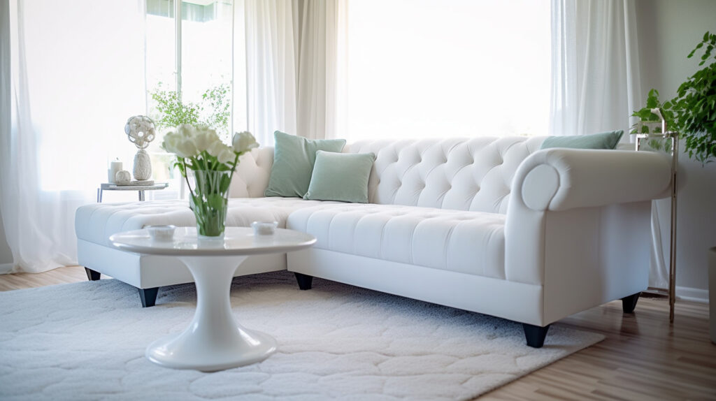 Well-maintained white couch in a clean and tidy living room 