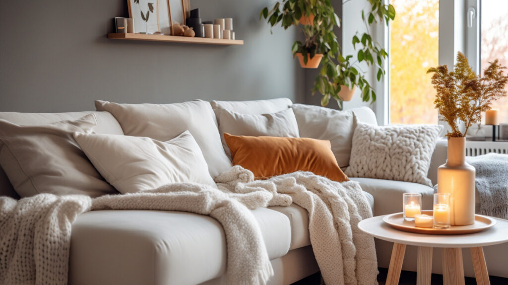 White couch adorned with throws and cushions ina living room 