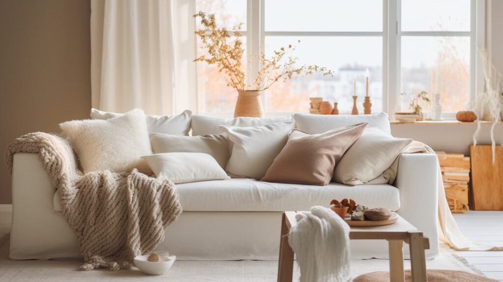 White couch adorned with throws and cushions ina living room 