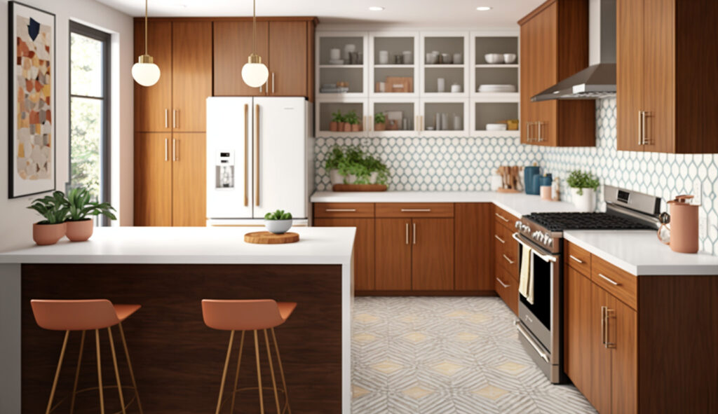 A beautiful mid-century modern kitchen featuring sleek cabinetry with warm-toned wood finishes and quartz countertops