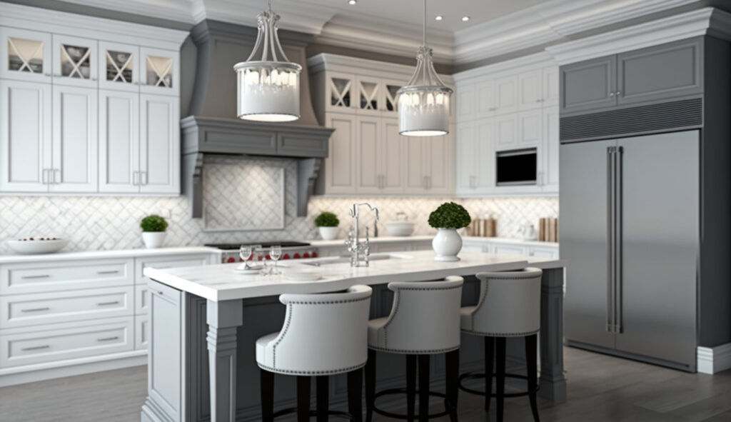 Una cucina bianca e grigia bellissimamente progettata con un appeal senza tempo, caratterizzata da mobili bianchi, accenti grigi e illuminazione elegante