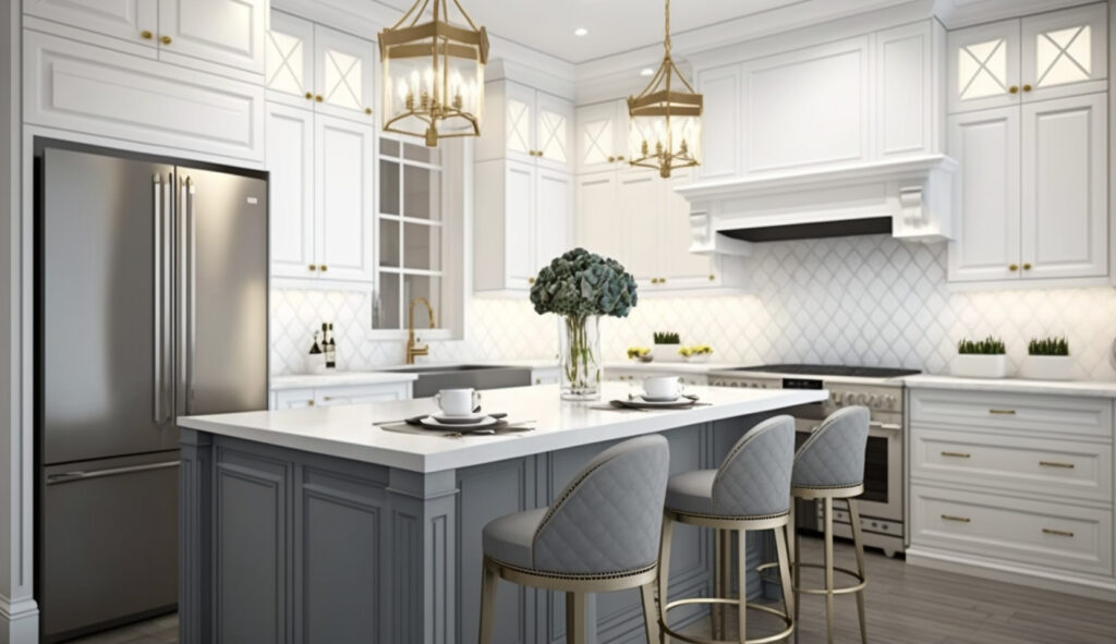 Một ngôi nhà bếp màu trắng xám thiết kế đẹp với sự hấp dẫn vượt thời gian, có tủ màu trắng, những điểm nhấn xám và ánh sáng tinh tế
