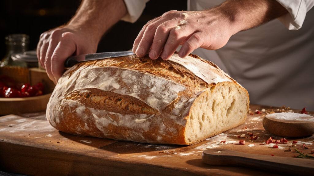 A bread knife making easy work of a crusty artisanal loaf